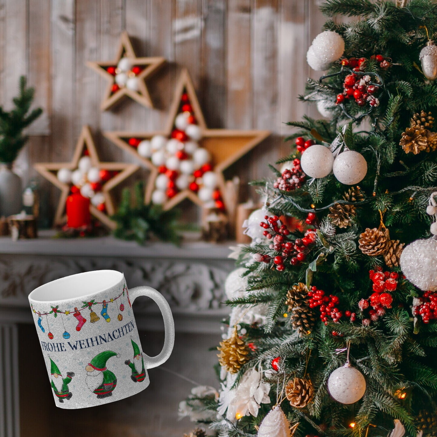 Frohe Weihnachten Glitzer-Glitzer-Kaffeebecher mit Wichtel Motiv