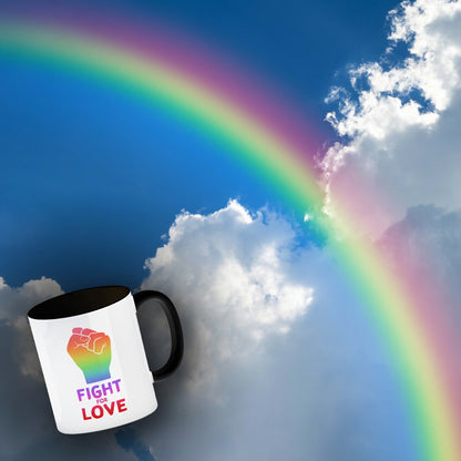 Fight for Love Kaffeebecher Schwarz mit Faust in Regenbogenfarben