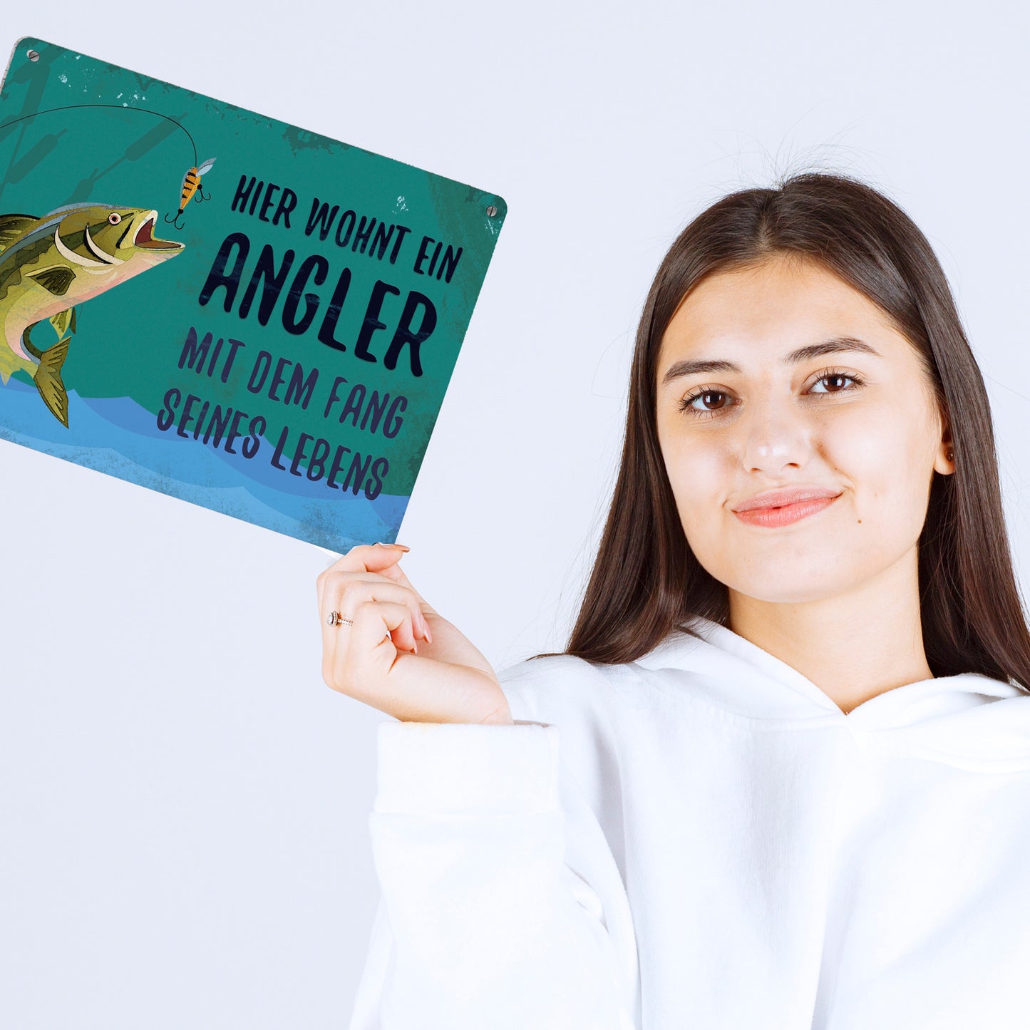 Metallschild XL mit Spruch: Hier wohnt ein Angler