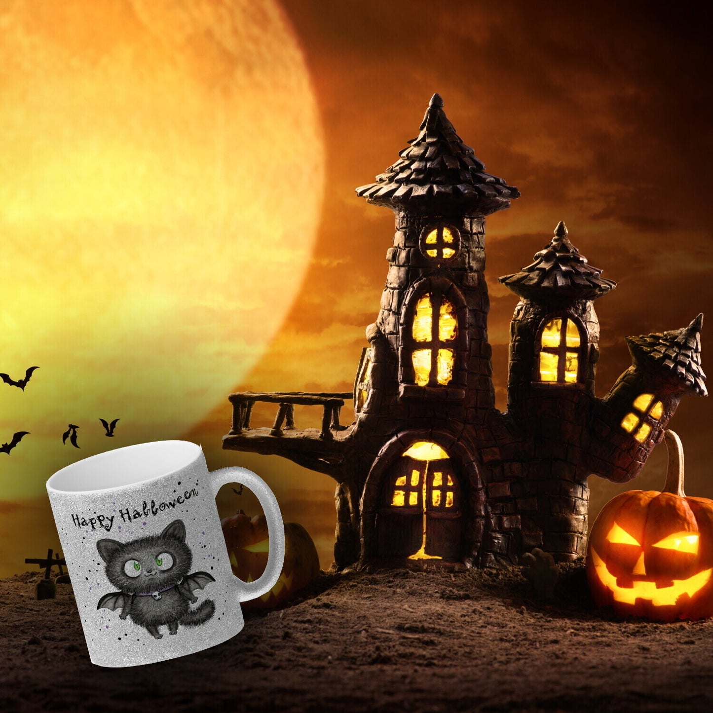 Happy Halloween Glitzer-Kaffeebecher mit schwarzer Fledermaus-Katze