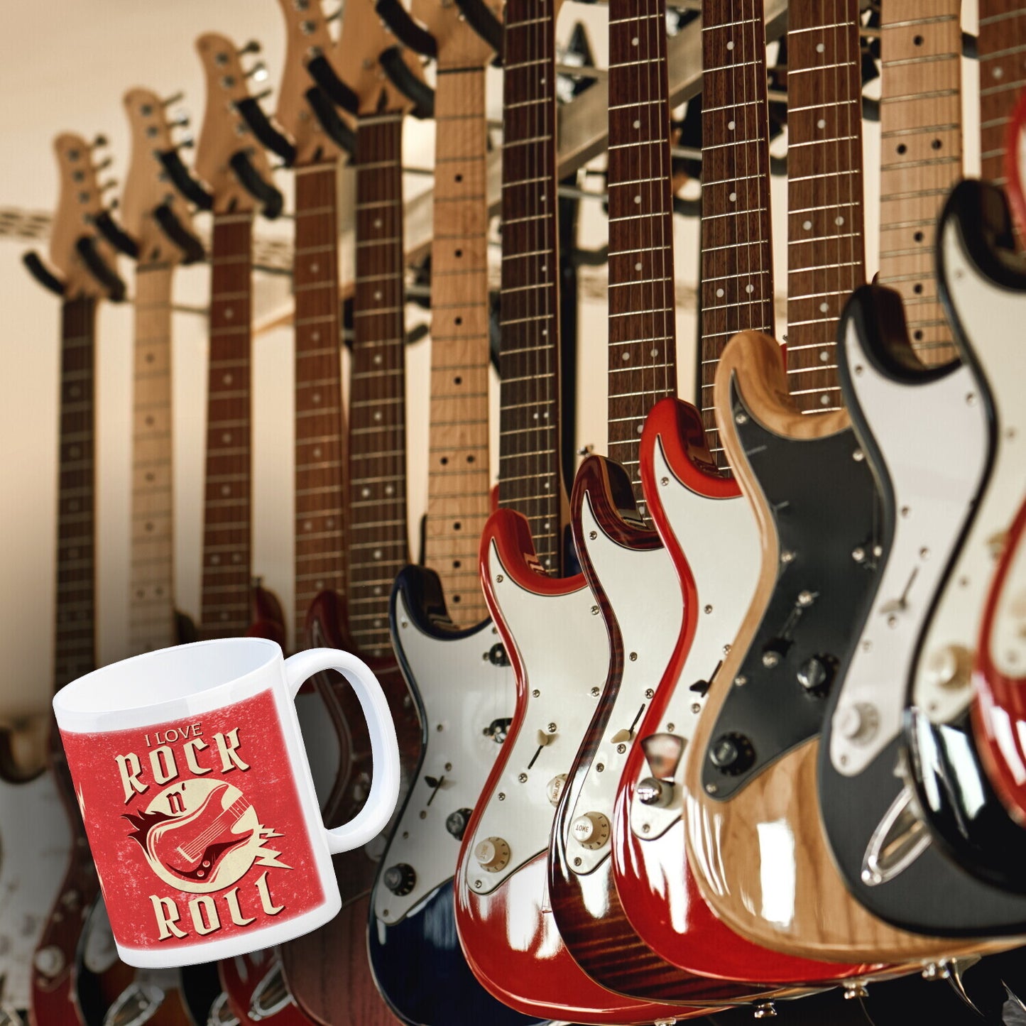 I Love Rock 'n' Roll Kaffeebecher mit Gitarren Motiv