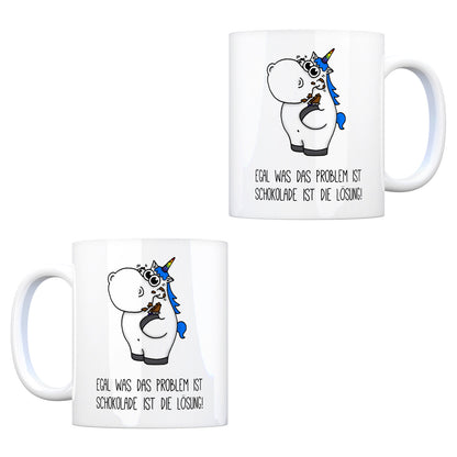 Honeycorns Kaffeebecher mit Einhorn Motiv und Spruch: Egal was das Problem ist Schokolade ...