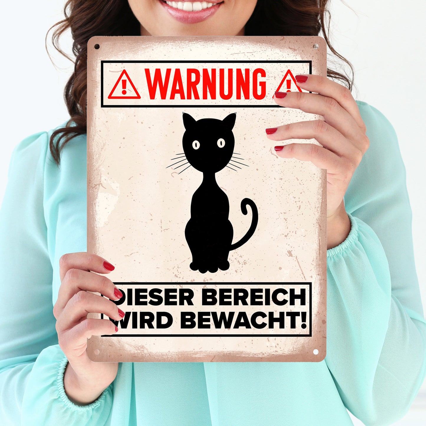 Warnung Bereich wird bewacht Metallschild XL in 21x28 cm mit Katzen Silhouette