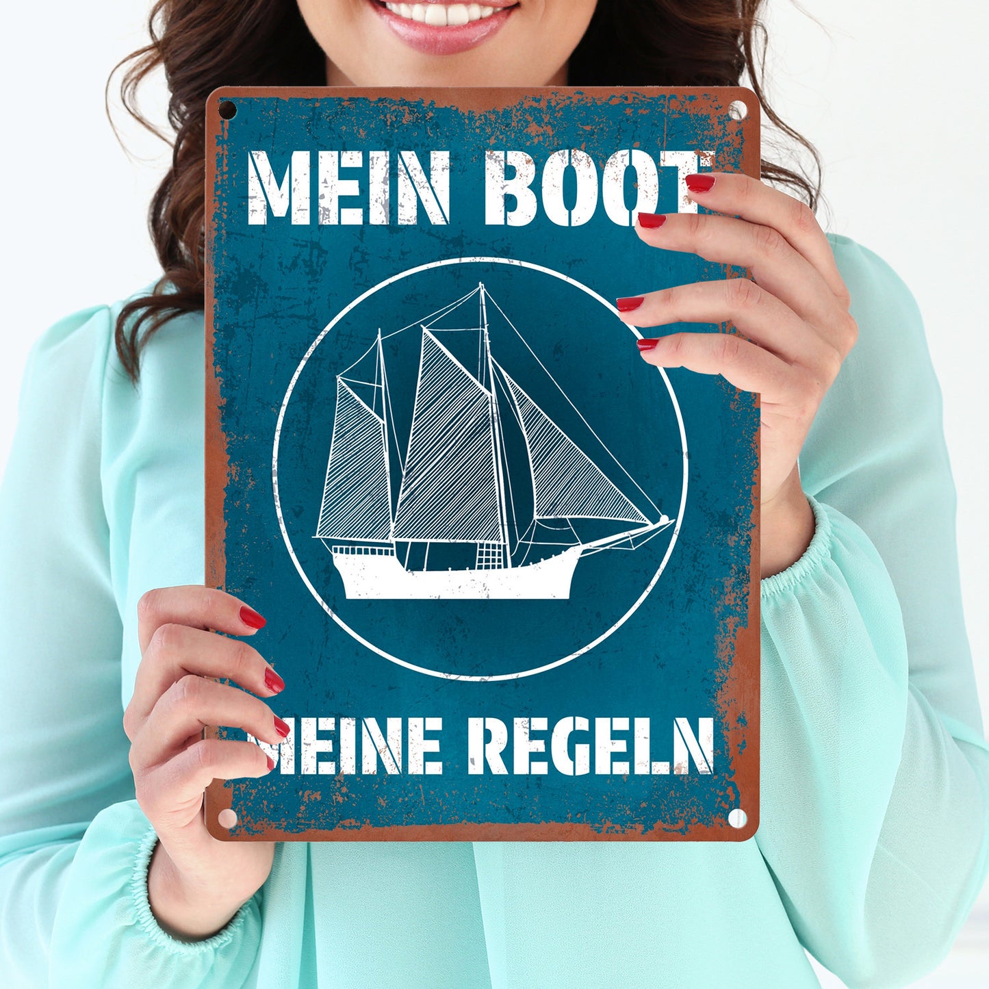 Mein Boot meine Regeln Metallschild in 15x20 cm mit Rostoptik in blau