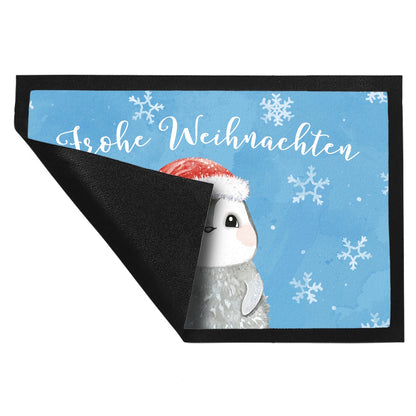 Pinguin mit Weihnachtsmütze Fußmatte XL in 40x60 cm in blau und Spruch Frohe Weihnachten