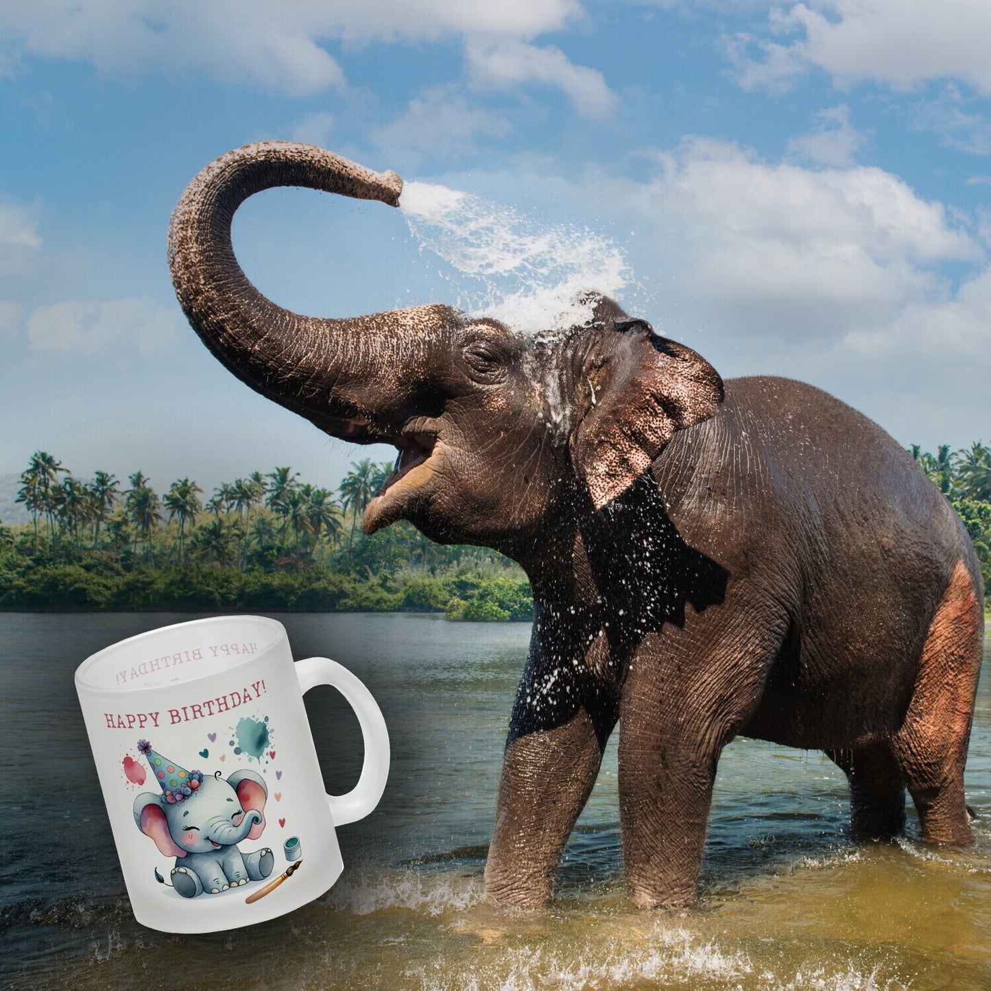 Happy Birthday Elefant Glas Tasse