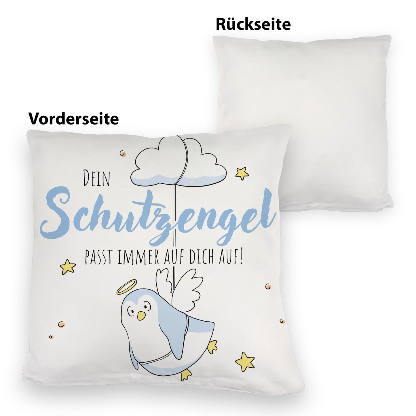 Schutzengel-Pinguin Kuschelkissen in blau mit Spruch passe immer auf dich auf