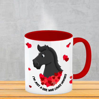 I'm just a girl who loves horses Kaffeebecher Henkel und Innenseite Rot mit schwarzes Pferd Motiv