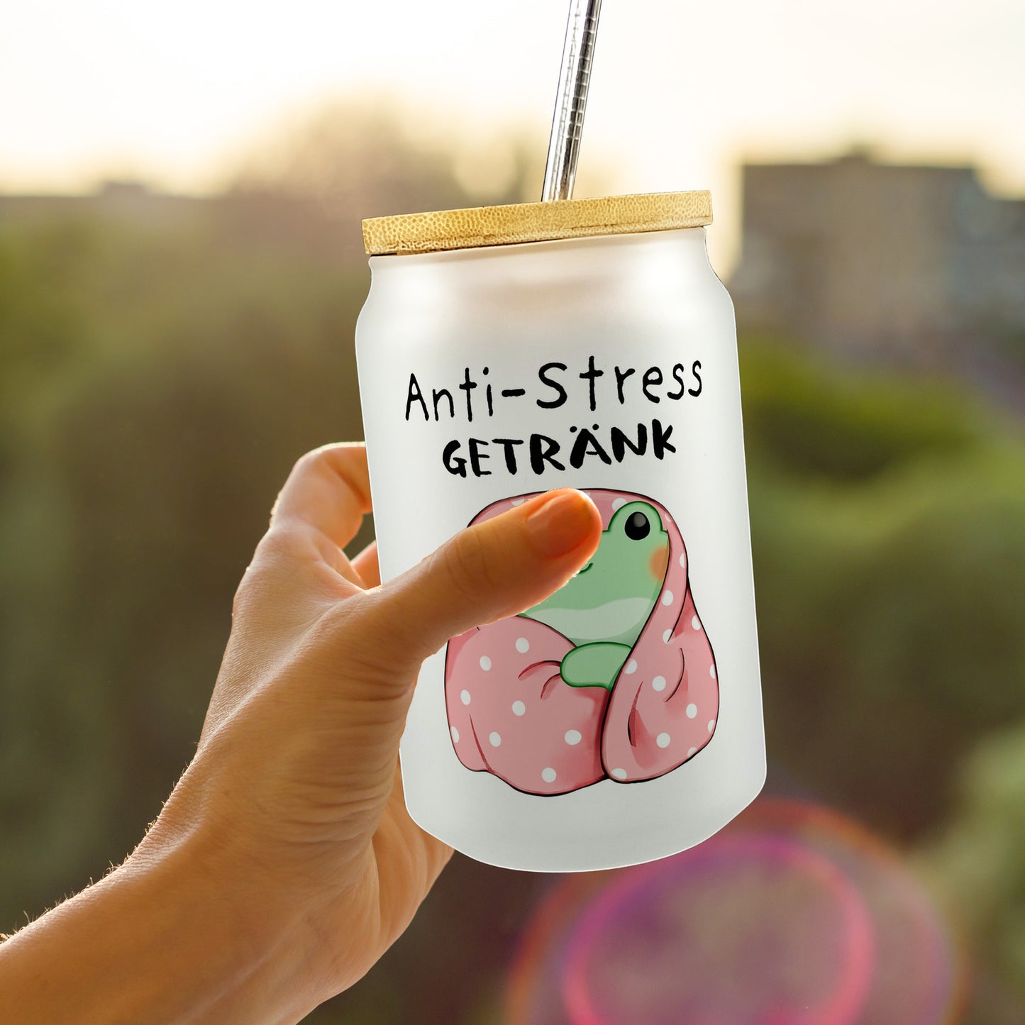 Frosch in rosa Decke Trinkglas mit Bambusdeckel mit Spruch Anti-Stress Getränk