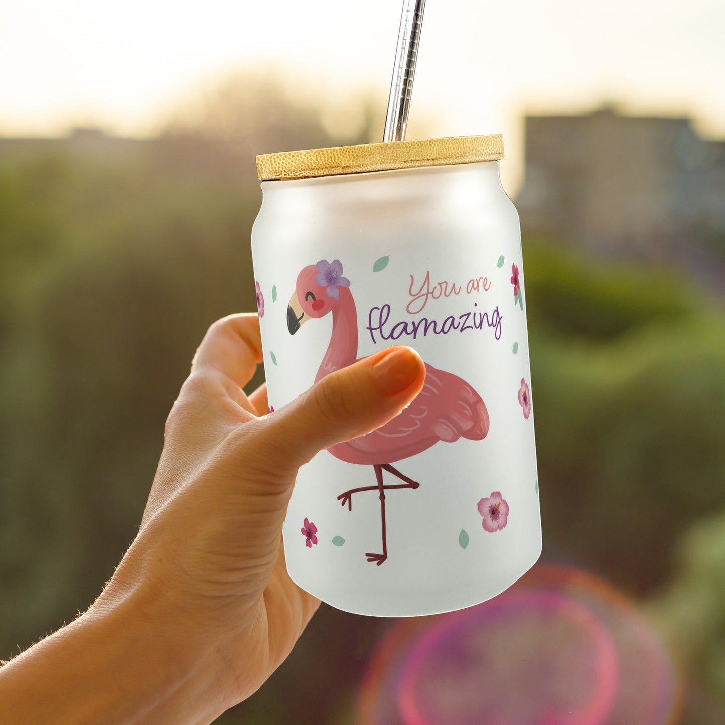 Flamingo Trinkglas mit Bambusdeckel mit Spruch You are flamazing