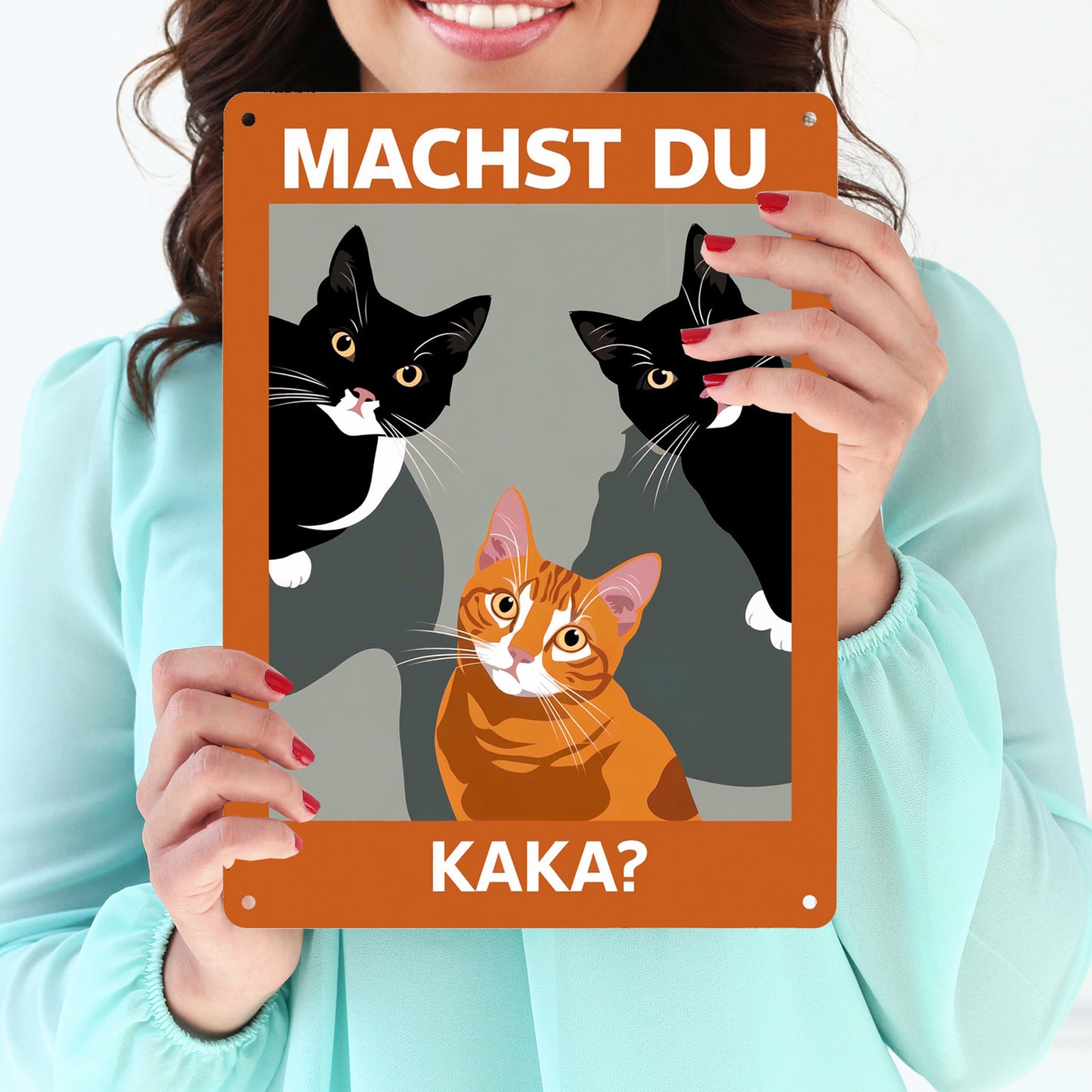 Drei neugierige Katzen Metallschild XL in 21x28 cm - Machst du Kaka?