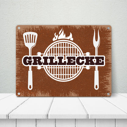 Grillecke Metallschild mit coolem Grillmotiv auf rostbraunem Hintergrund