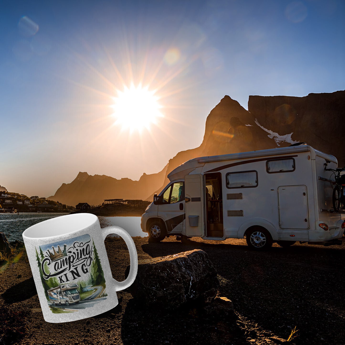 Camping King mit Wohnmobil Glitzer-Kaffeebecher