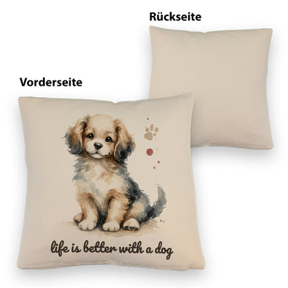 niedlicher Hund Kissen mit Leinenoptik mit Spruch life is better with a dog