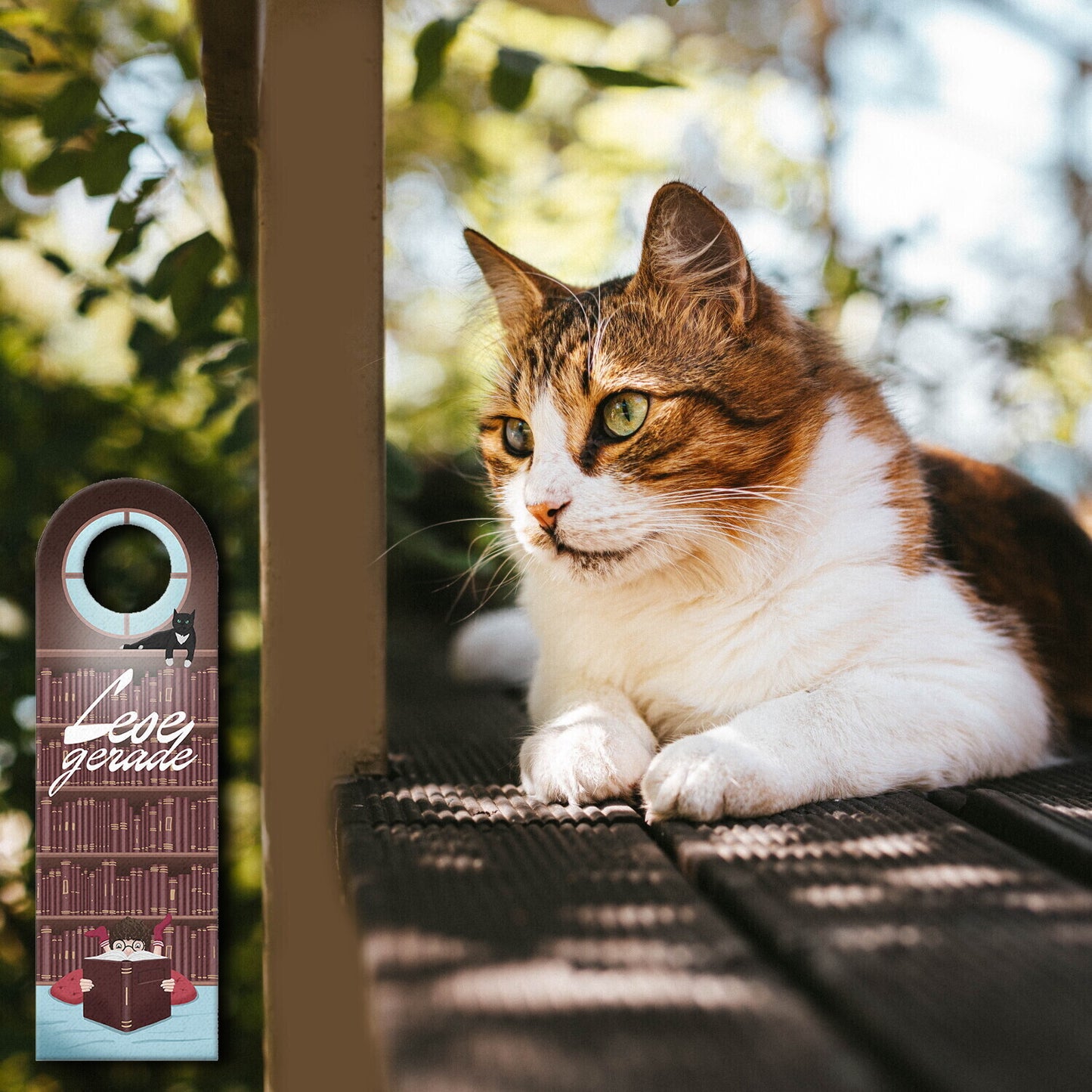 Lese gerade oder Komm rein Türhänger mit Bücherregal und Katze