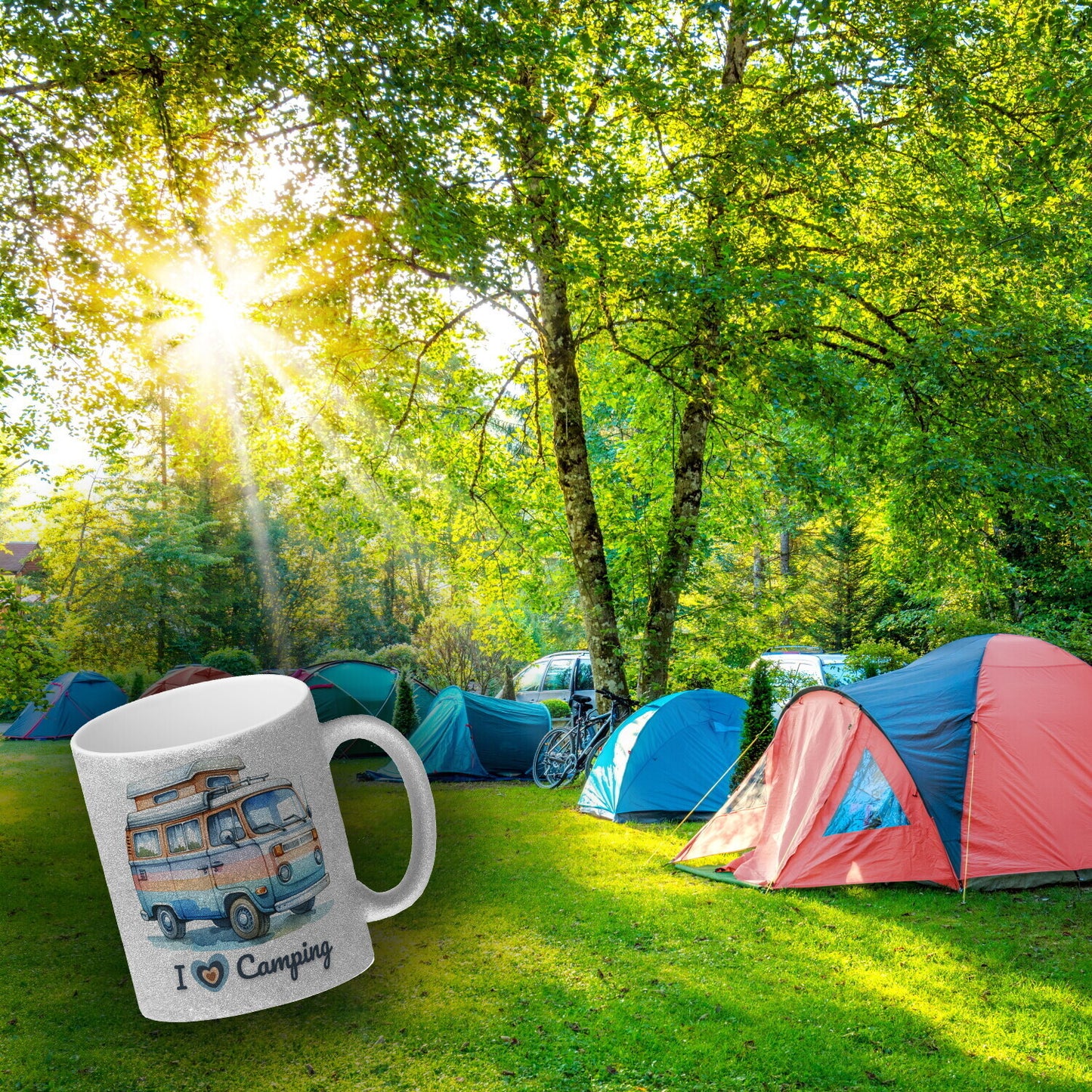 Campervan Glitzer-Kaffeebecher mit Spruch I love Camping