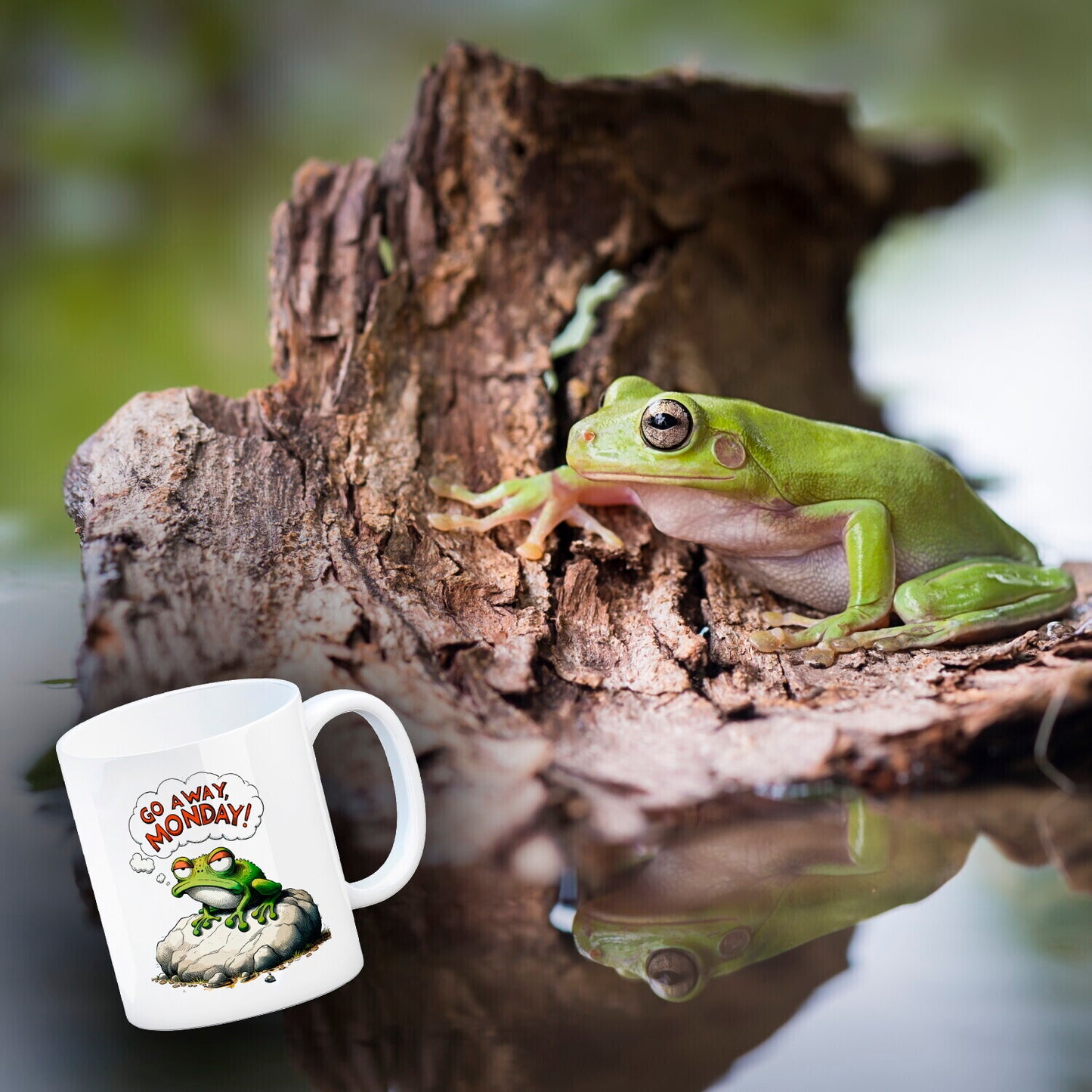 Mürrischer Frosch auf Stein Kaffeebecher mit Spruch Go away, Monday!