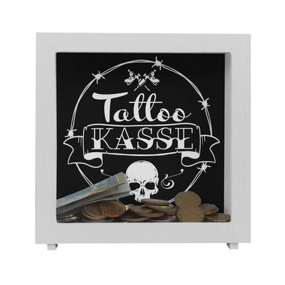 Rahmen Spardose aus Holz mit coolen Tattoo-Motiven in schwarz - Tattookasse