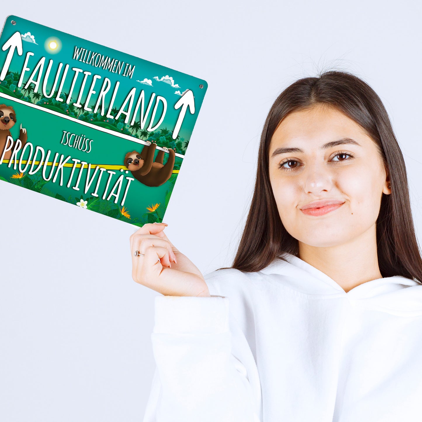 Metallschild XL mit Faultier Motiv und Spruch: Willkommen im Faultierland ...