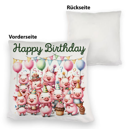 Schweine Party Kuschelkissen mit Spruch Happy Birthday