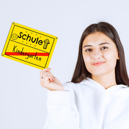 Zur Einschulung Metallschild in 15x20 cm mit Spruch Schule - Kindergarten