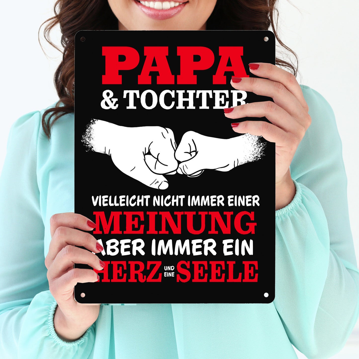 Papa & Tochter, ein Herz und eine Seele Metallschild XL in 21x28 cm mit Spruch in rot