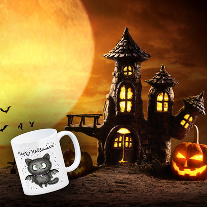 Happy Halloween Kaffeebecher mit schwarzer Fledermaus-Katze