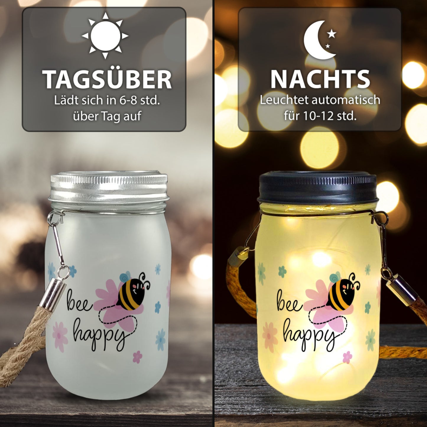 Bee happy Solarlicht mit niedlicher Biene und Blumen