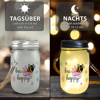 Bee happy Solarlicht mit niedlicher Biene und Blumen