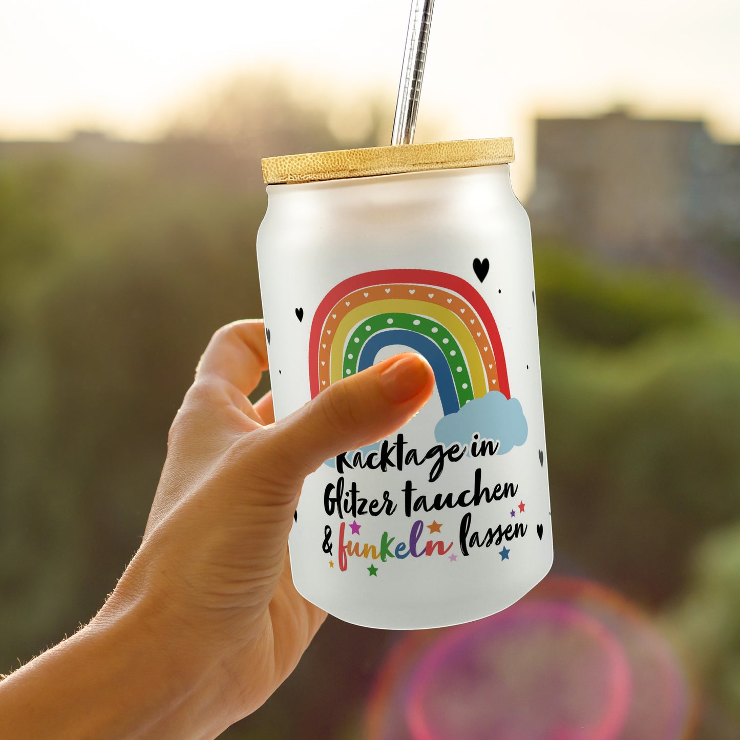 Regenbogen Trinkglas mit Bambusdeckel mit Spruch Kacktage in Glitzer tauchen