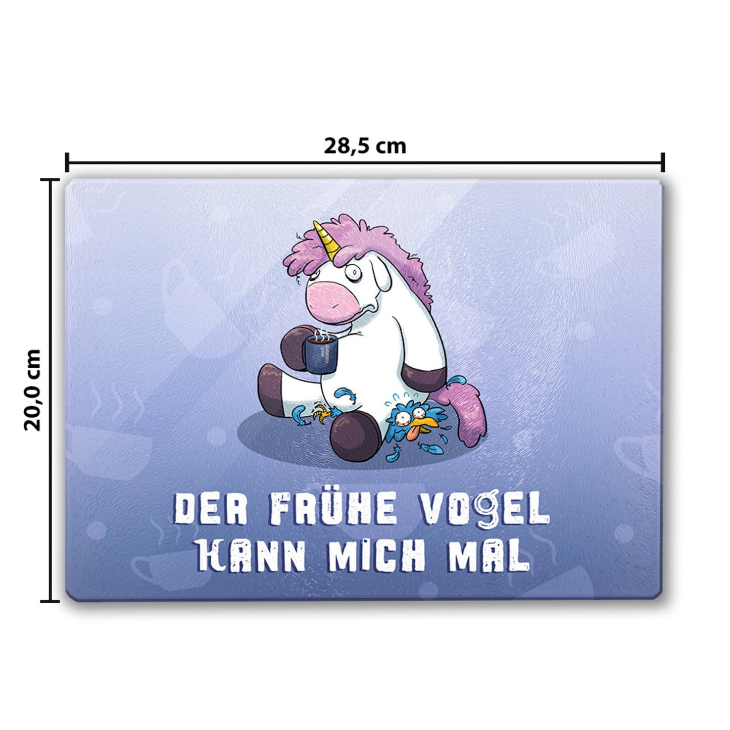 Mürrisches Einhorn Schneidebrett aus Glas mit Spruch Der frühe Vogel kann mich mal