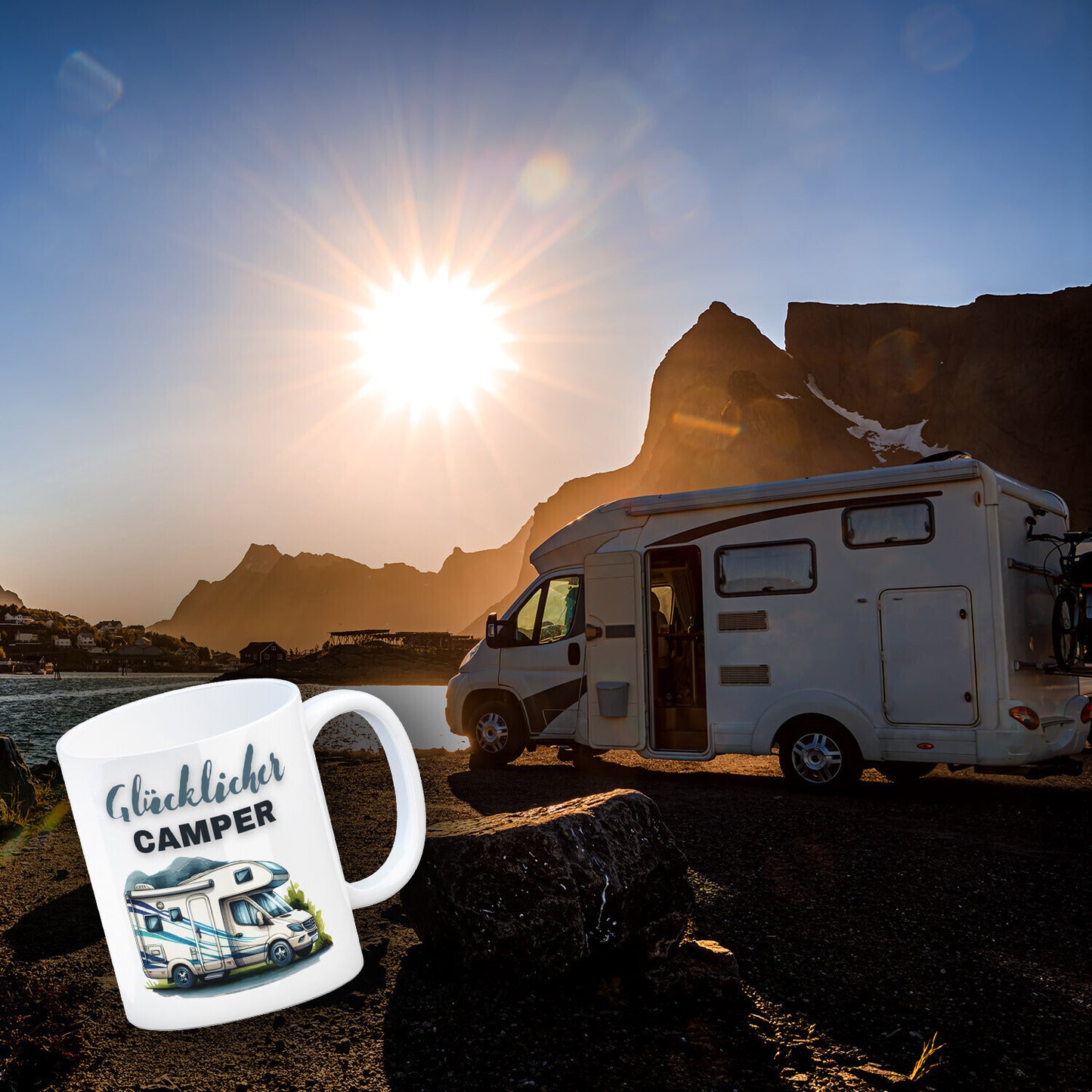 Wohnmobil Kaffeebecher mit Spruch Glücklicher Camper