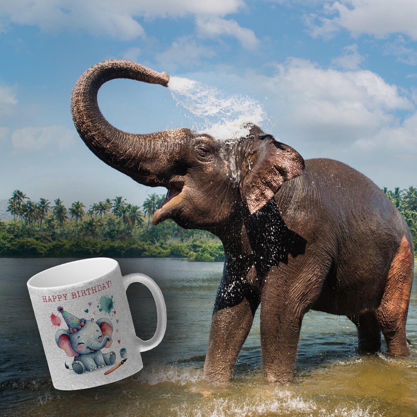 Happy Birthday Elefant Glitzer-Kaffeebecher