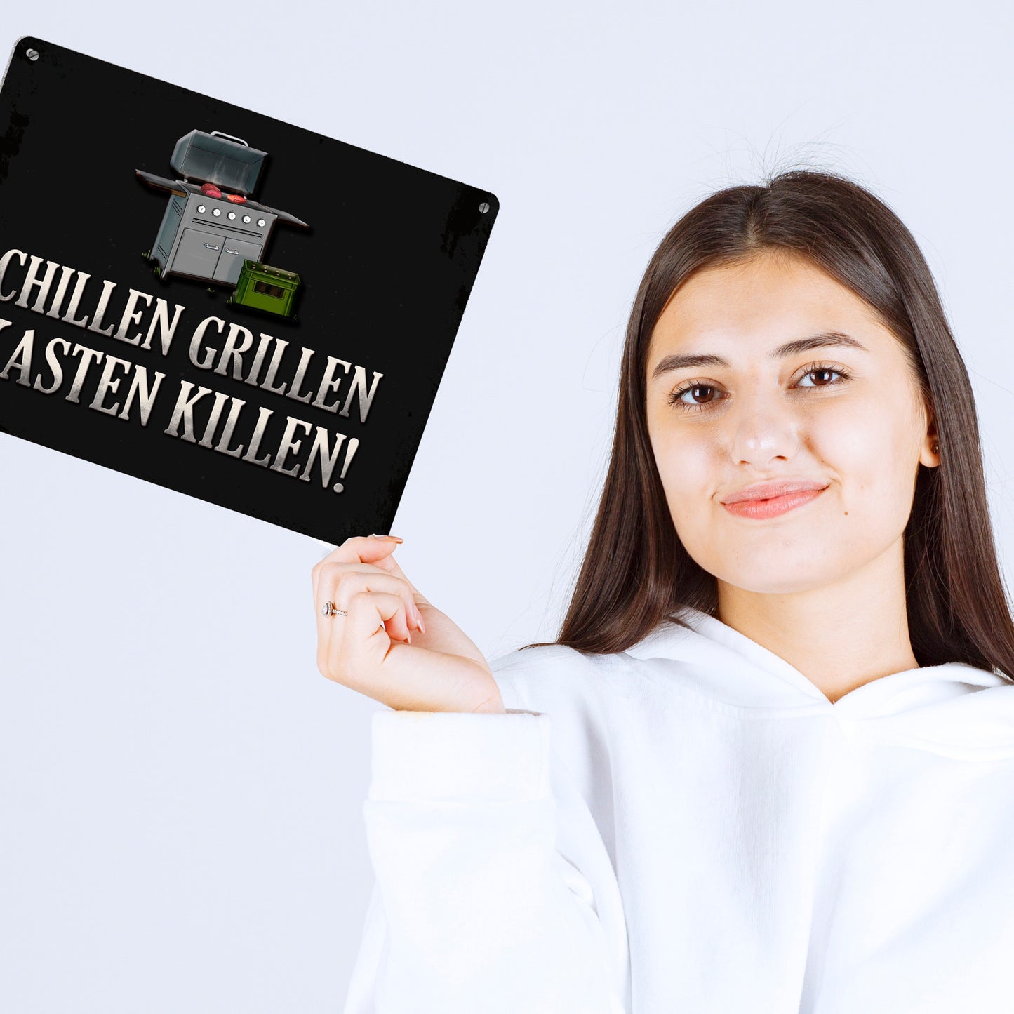 Metallschild XL mit Grill Motiv und Spruch: Chillen, grillen, Kasten killen