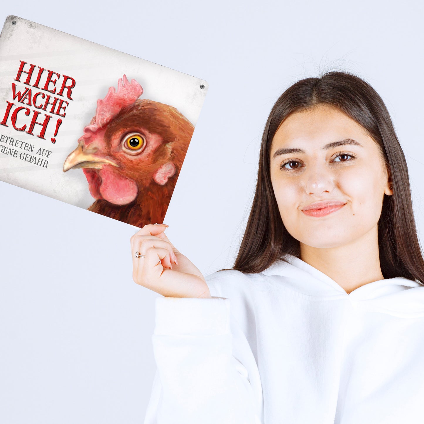 Metallschild XL mit Huhn Motiv und Spruch: Betreten auf eigene Gefahr ...