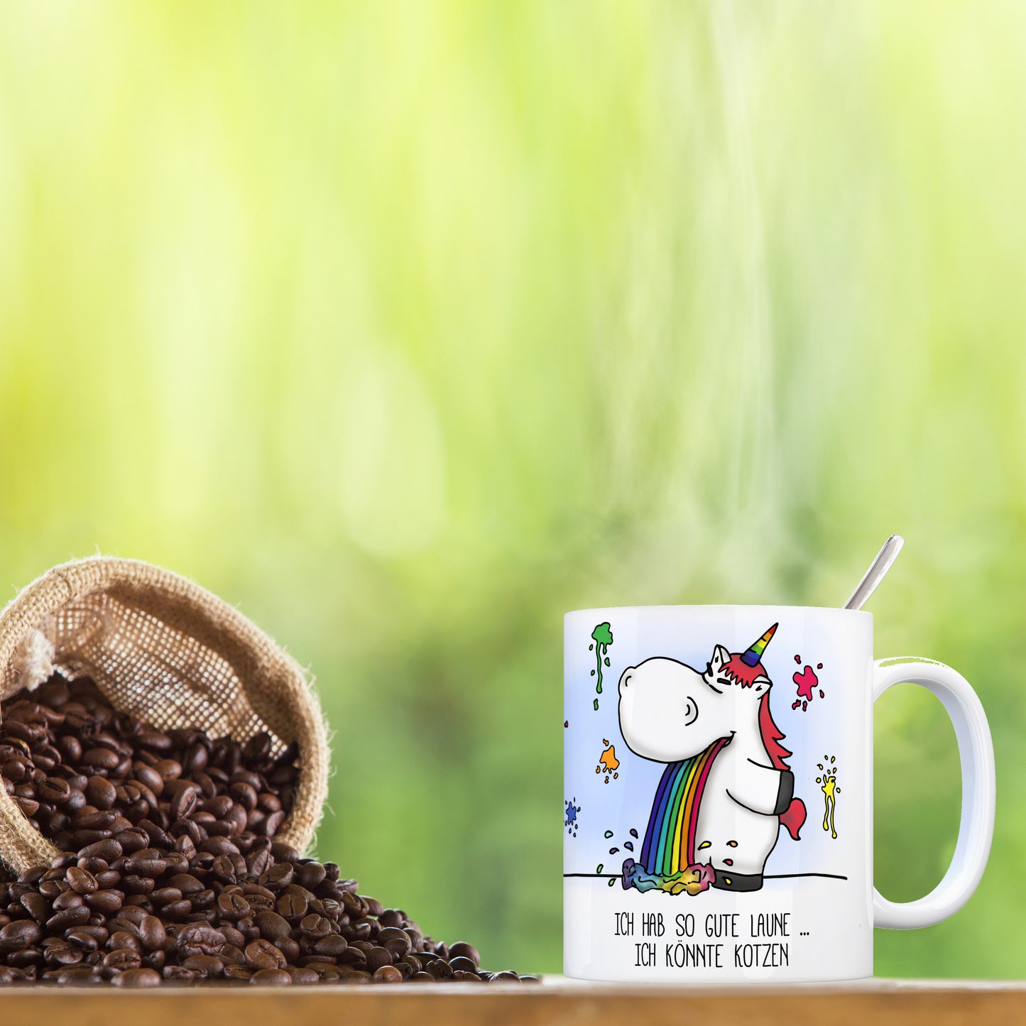 Honeycorns Kaffeebecher mit Einhorn Kotze Motiv und Spruch: Ich habe so Gute Laune