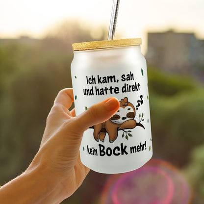 Faultier Trinkglas mit Bambusdeckel mit Spruch Ich kam sah und hatte direkt kein Bock mehr