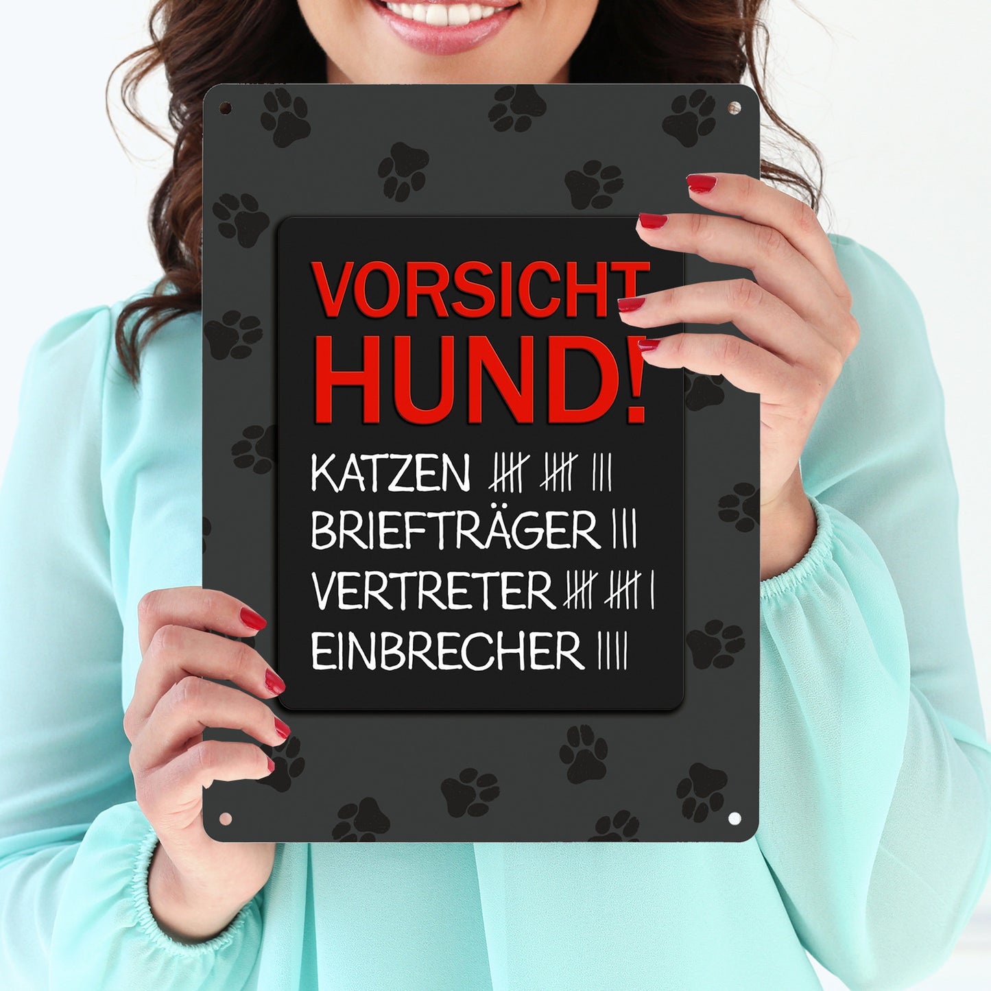 Metallschild XL mit Spruch: Vorsicht Hund mit Strichliste