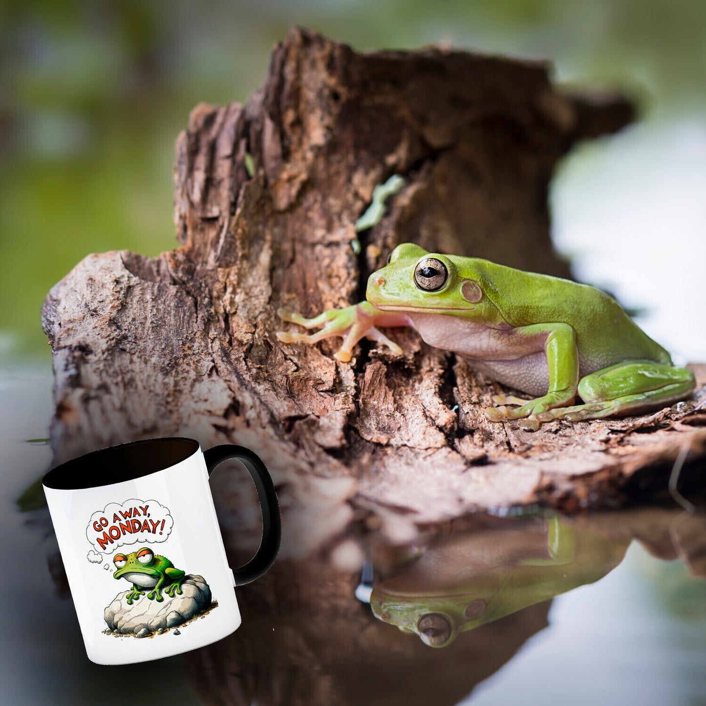 Mürrischer Frosch auf Stein Kaffeebecher in schwarz mit Spruch Go away, Monday!