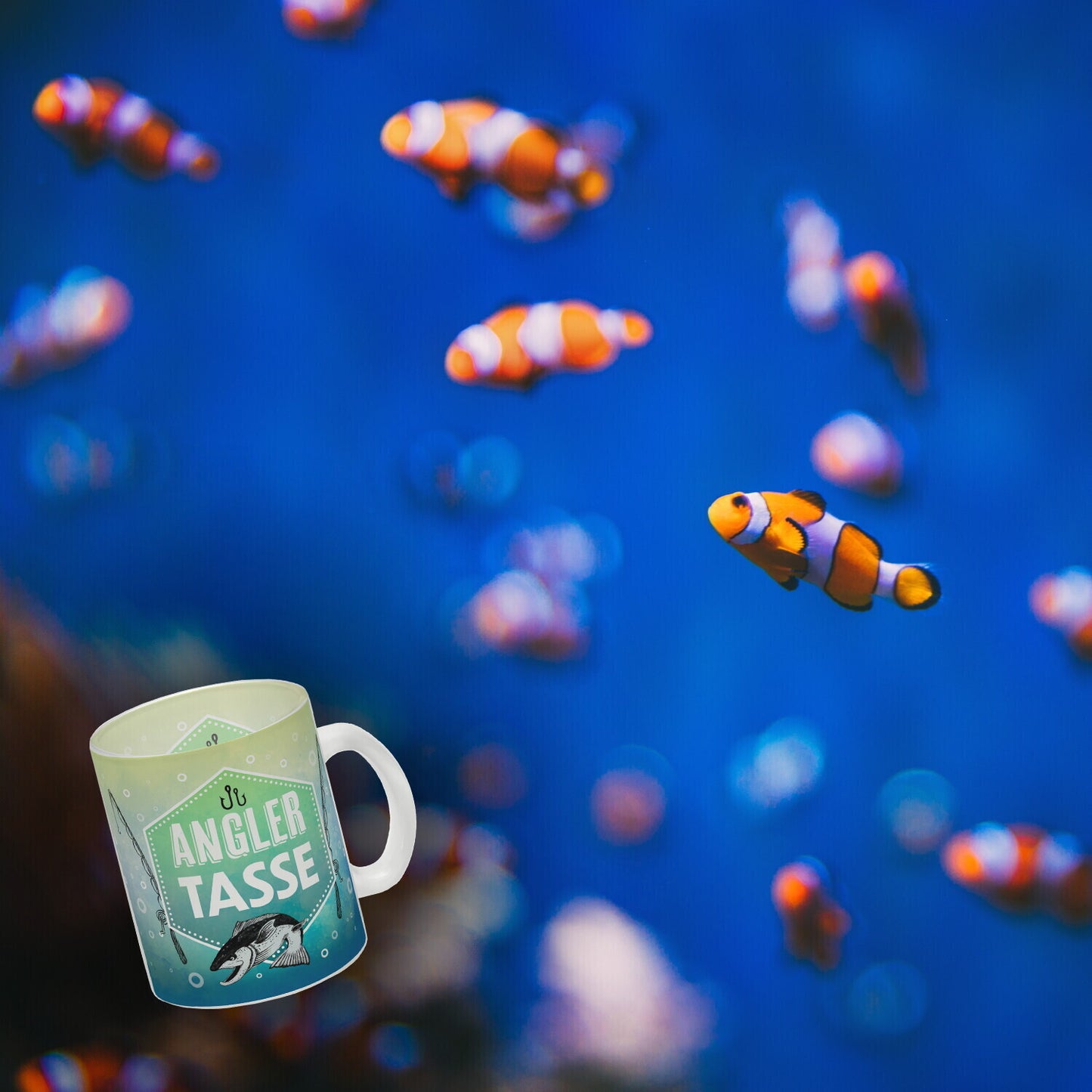 Angler Becher Glas Tasse mit Fisch und Angel Motiv