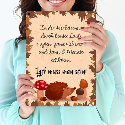 Winterschlaf Herbst Metallschild in 15x20 cm mit Spruch - Igel muss man sein