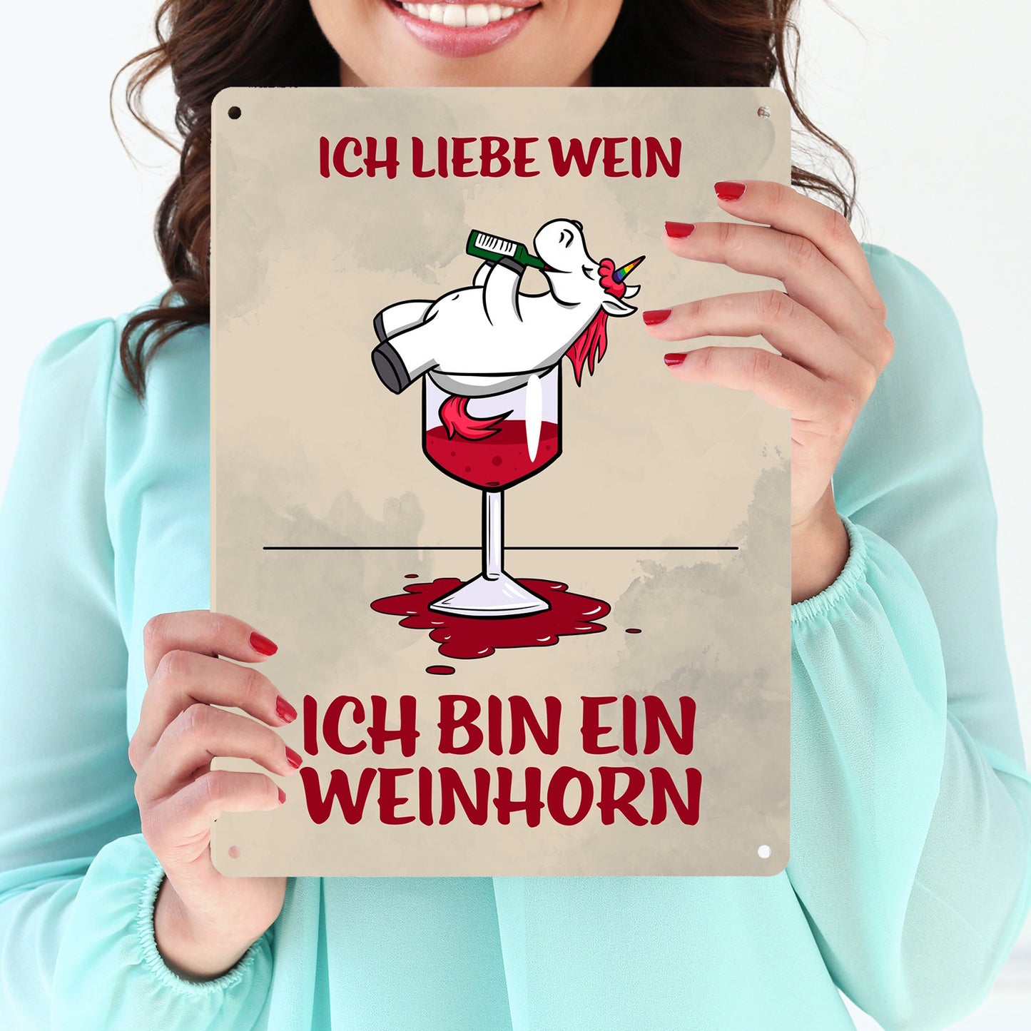 Metallschild XL in 21x28 cm mit Motiv und Spruch - Ich liebe Wein ich bin ein Weinhorn