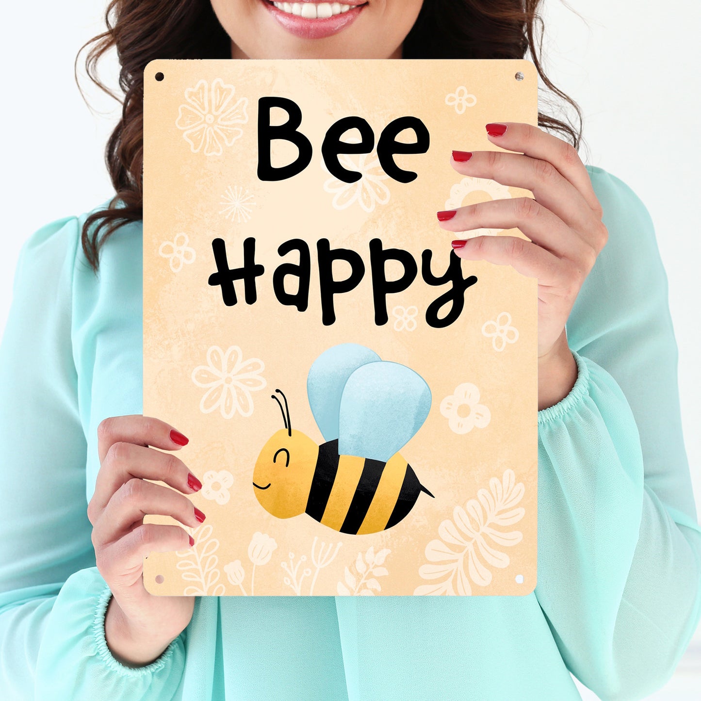 Bee Happy lustiges Metallschild XL in 21x28 cm mit glücklicher Biene