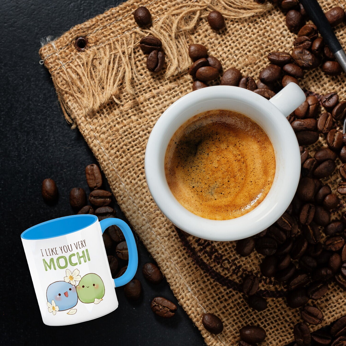 Mochi Freunde Kaffeebecher in hellblau mit Spruch I like you very Mochi