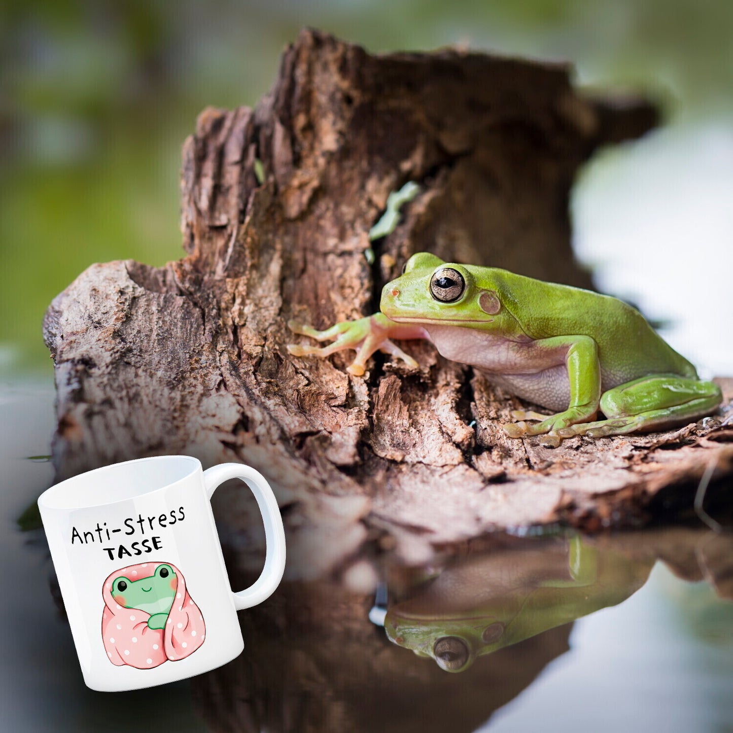 Frosch in rosa Decke mit Spruch Anti-Stress Tasse