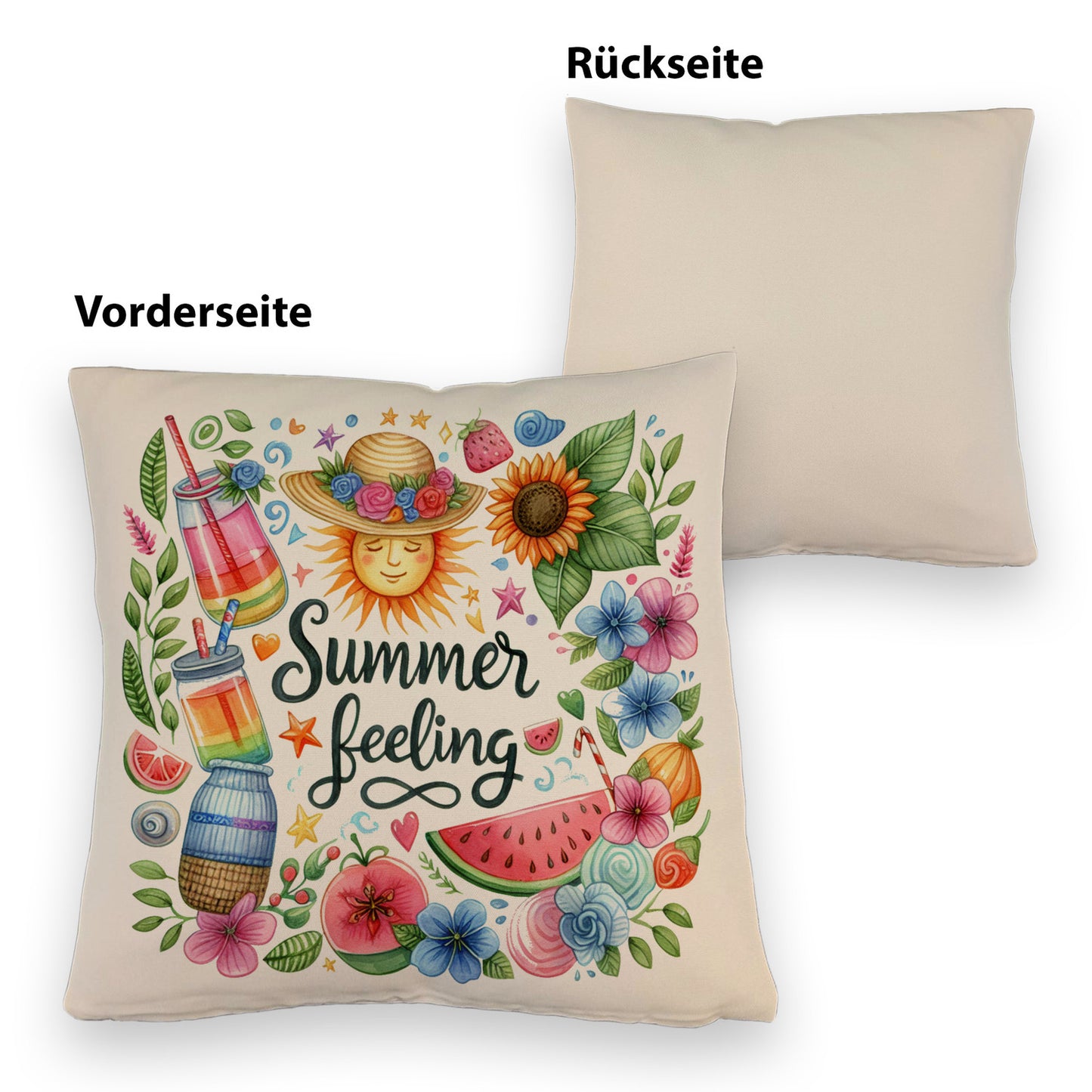 Sonne und Sommer Kissen mit Leinenoptik mit Spruch Summer feeling