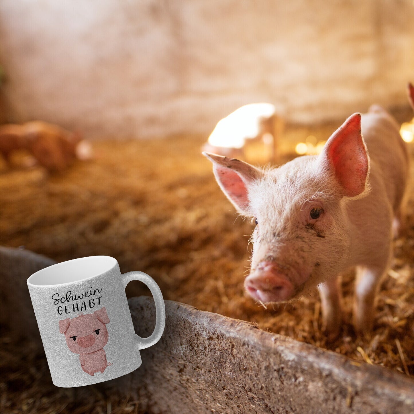 Ferkel Glitzer-Kaffeebecher mit Spruch Schwein gehabt