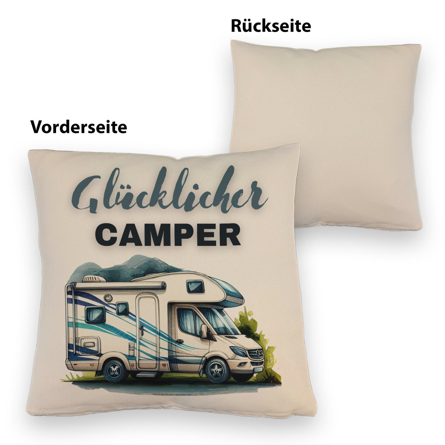 Wohnmobil Kissen mit Leinenoptik mit Spruch Glücklicher Camper