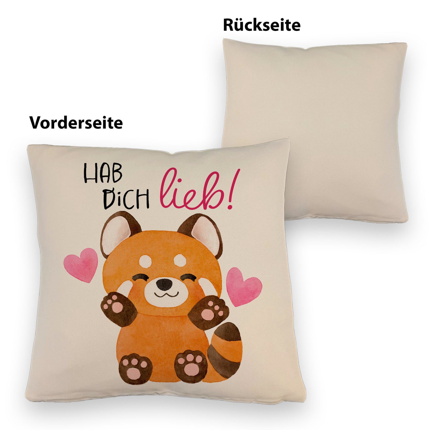 Roter Panda Kissen mit Leinenoptik mit Spruch Hab dich lieb