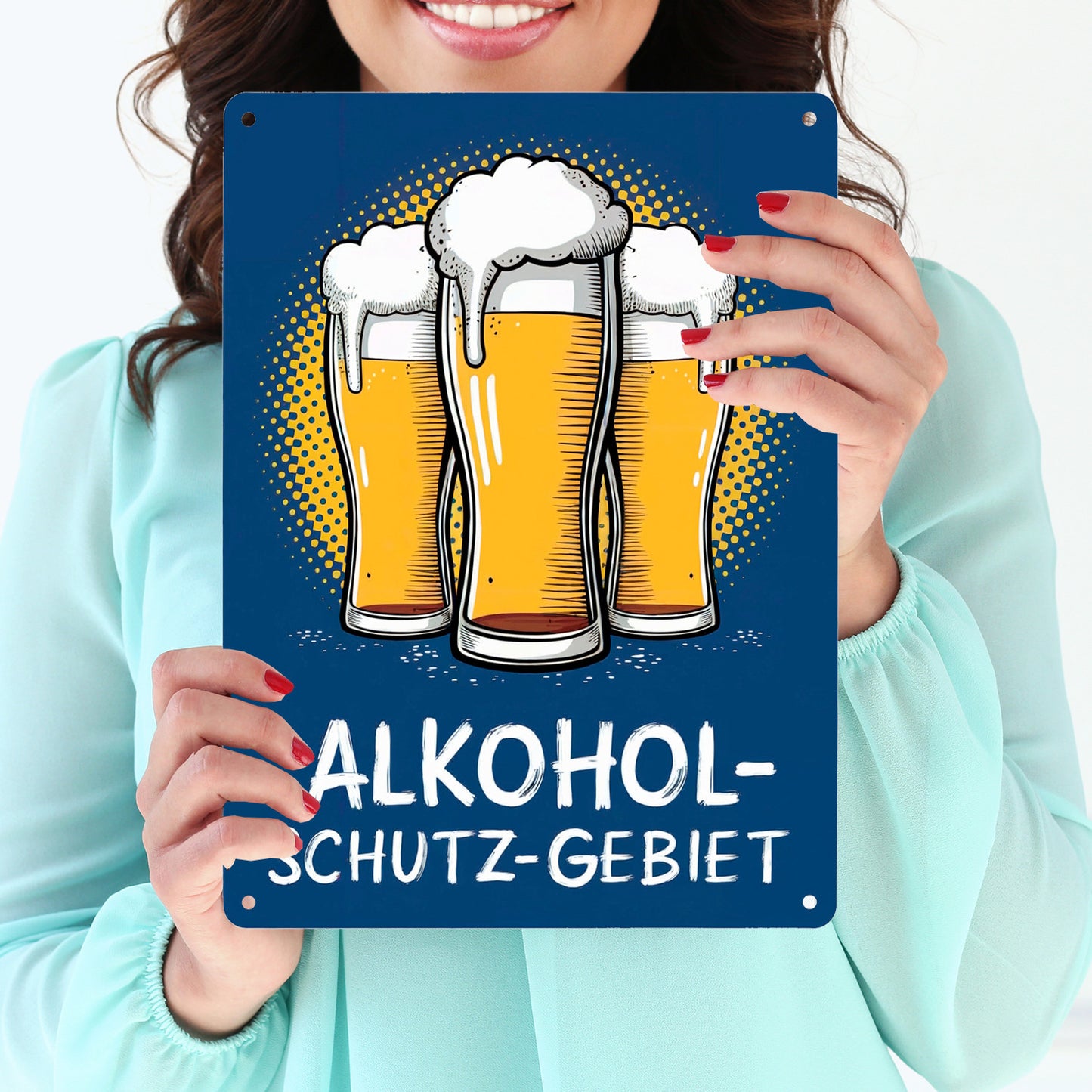 Alkohol-Schutzgebiet mit drei Biergläsern Metallschild XL in 21x28 cm